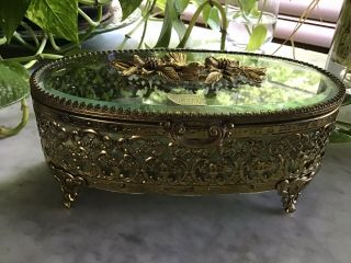 Vintage 24k Gold Plated Large Beveled Glass Oval Vanity Box - Stunning
