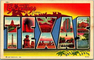 Vintage 1940s Texas Large Letter Postcard - Colorful Curteich Linen 1948 Cancel