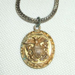 Vintage U.  S.  Military Oval Brass Pendant W/an Eagle & Gold Tone Chain