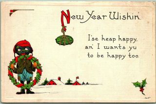 Vintage 1915 Happy Year Postcard African American Black Boy W/ Holly Wreath