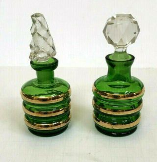 Vintage Purfume Bottles Set Of 2 Green Gold Stripe With Stoppers