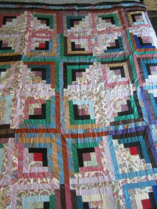 Vintage Quilt Top Log Cabin Patchwork Jewel Tones & Pastel Florals 64x74