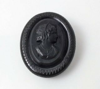 Vintage Black Celluloid Bakelite Cameo Brooch Pin 2 5/8 " Carved