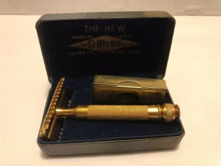 Vintage Gillette Gold Tone Safety Razor Patented 1920 Small Crack Box
