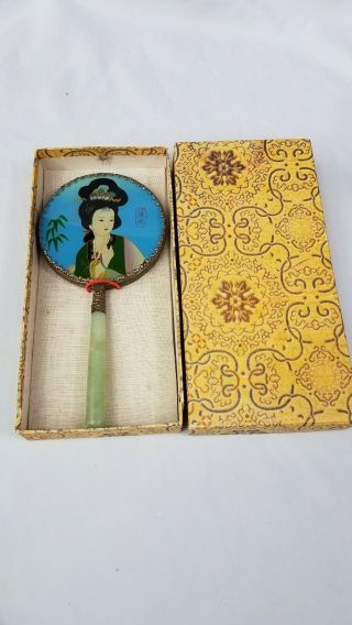 Asian Chinese Woman Theme Handheld Mirror Vintage Resin Jade Like Handle Misc