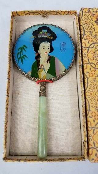 Asian Chinese Woman Theme Handheld Mirror Vintage Resin Jade Like Handle Misc 2