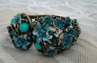 Vintage Filigree Butterfly Cuff Bracelet Blue Enamel Bead Rhinestone Work