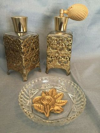 Hollywood Regency Vintage 50/60s Set Of Glassperfume Bottles With Gold Filigree