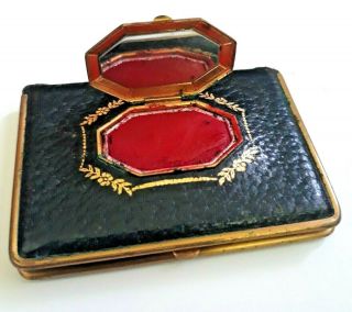 Vintage Art Deco Mondaine Blue Leather Vanity Compact With Rouge On Top Lid.