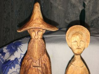 Vintage Set Figures Hand Carved Wood Man & Woman Folk Art Wooden Hillbillies 9 "