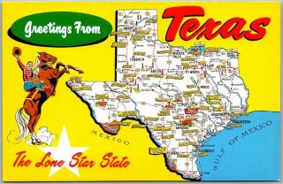 Vintage " Greetings From Texas " Postcard State Highway Map / Cowboy & Horse 1970s