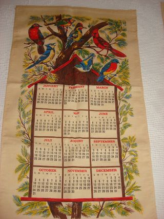 Vintage Linen 1976 Calendar Towel Bright Colored Birds