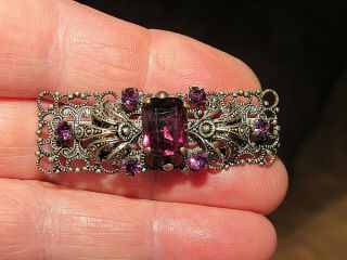 Vintage Art Deco Jewellery Czech Filigree Purple Amethyst Paste Bar Brooch Pin