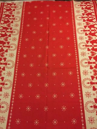 Big Vintage Swedish Christmas Red Beige Tablecloth Elves Heart Candles Snowstars
