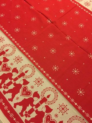 Big Vintage Swedish Christmas Red Beige Tablecloth Elves Heart Candles Snowstars 3