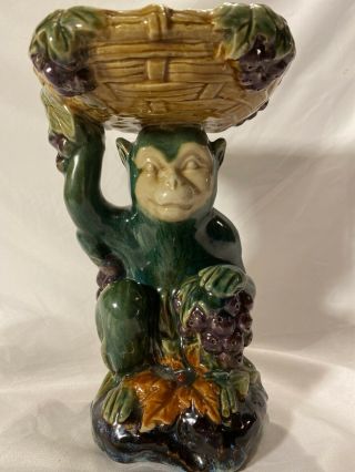 Vintage Majolica Green Glazed Pottery Ceramic Monkey With Fruit Basket Statue