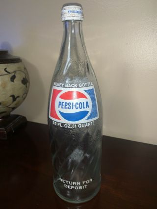Vintage Pepsi Cola 32 Ounce Quart Glass Bottle With Cap Euc