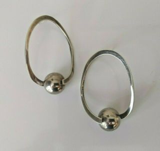 Vintage Modernist Taxco Mexico Sterling Silver Earrings Large Open Hoop Sculpted