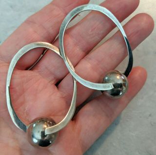 Vintage Modernist Taxco Mexico Sterling Silver Earrings Large Open Hoop Sculpted 2