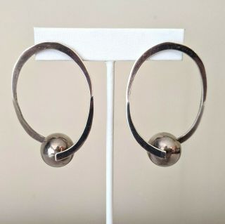 Vintage Modernist Taxco Mexico Sterling Silver Earrings Large Open Hoop Sculpted 3