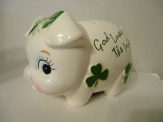 Vintage Lefton Piggy Bank Pig Green Shamrock Clovers Irish Ceramic