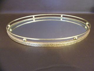 Vintage Mirrored Oval Vanity Tray With Brass Rail