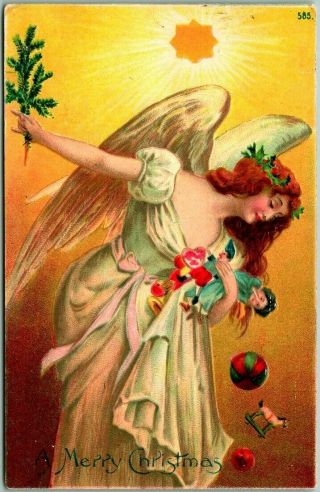 Vintage Merry Christmas Embossed Postcard Pretty Angel W/ Toys - 1907 Cancel