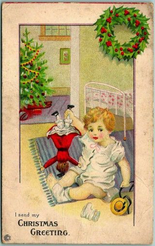 Vintage 1917 Christmas Postcard Little Girl Playing With Doll / Stecher 632a