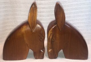 Vintage Mid Century Hand Carved Wood Donkey Horse Head Bookends Statues 9.  5 " Mcm