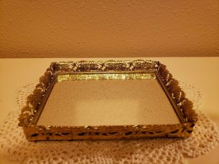 1960’s Vintage Dresser Or Vanity Mirror Tray With Gold Filigree Ornate Frame