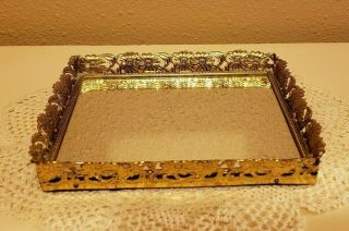 1960’s Vintage Dresser or Vanity Mirror Tray with Gold Filigree Ornate Frame 2