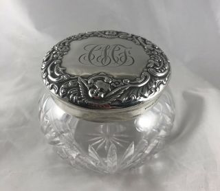 Antique Cut Glass Crystal Sterling Silver Vanity Powder Jar Angels Dominick Haft