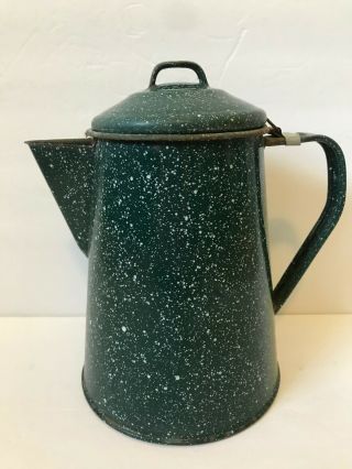 Vintage Speckled Green Enamelware Graniteware Splatter Coffee Pot Enamel Metal