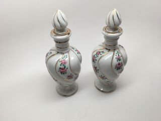 Vintage Estate Pair (2) Hand Painted Porcelain Perfume Bottles W Stoppers
