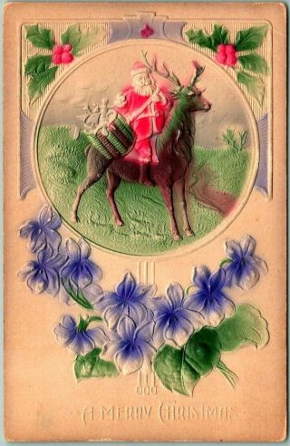 Vintage 1910 Christmas Embossed Postcard Santa Claus On Reindeer / Airbrushed