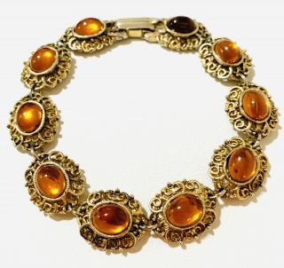 Antique Vintage Gold Tone Filigree Amber Glass Cabochon Bracelet Fold Over Clasp