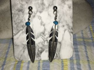 Vintage Native American Sterling Silver Turquoise Feather Earrings 2” Inch