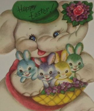 Vintage Easter Greeting Card,  Great Elephant Holding Rabbits,  Rust Craft 6 "
