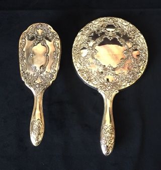 Vintage Silver - Plated Hand Held Mirror And Brush Set