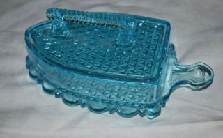 Vintage Eapg Blue Glass Cheese,  Butter Dish W Sad Iron Shaped Cover Vtg Imperial