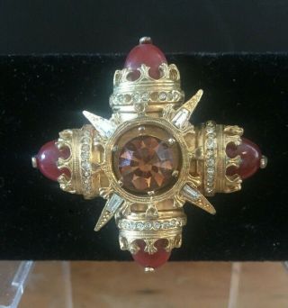 Vintage Benedikt N.  Y.  Topaz Glass Maltese Cross Rhinestone Brooch Pin Pendant