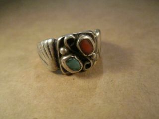 Vintage Sterling Silver & Turquoise/coral Ring,  Unsigned,  Size 10.  25,  7.  1g