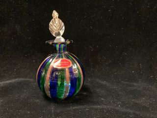 Hand Blown Murano Art Glass Perfume Bottle With Stopper,  Blue Green Gold Italy