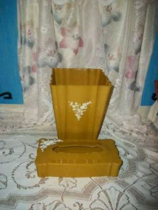 Vintage Trash Can Waste Basket Tissue Box Schwartz Gold Floral Mid Century