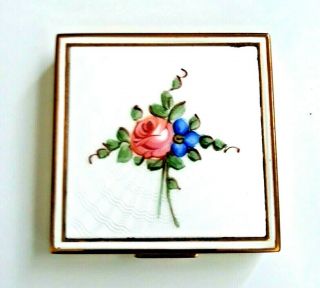 Vintage Evans Square Powder Compact With White Guilloche Rose Painted Lid