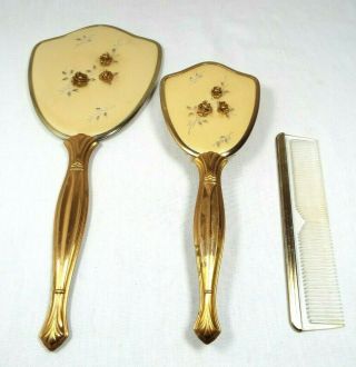 Vintage Hollywood Regency Vanity Set Hand Mirror Brush & Comb Gold Tone W/roses