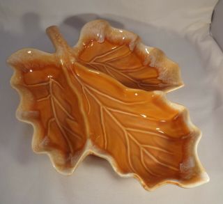 Vintage Mid Century Dish Leaf Shaped Pottery 3 - Sectioned Ovenproof Usa Orange