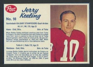 Vintage 1962 Post Cfl Football Card 98 Jerry Keeling Calgary Stampeders Nm
