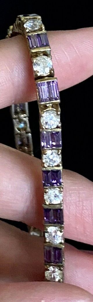 Vtg Sterling Silver 925 Gold Tone Clear & Purple Stone Tennis Bracelet 7 1/2 " 02