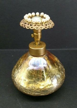 Vintage Marigold Iridescent Crackle Carnival Glass Perfume Bottle Pearls On Top